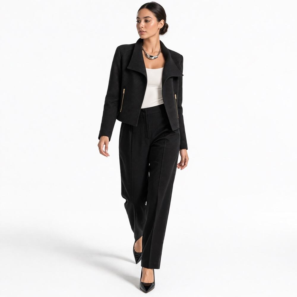 Calvin Klein Ribbed Wing Collar Blazer XS Black Gold Zip Minimalist Quiet Luxury